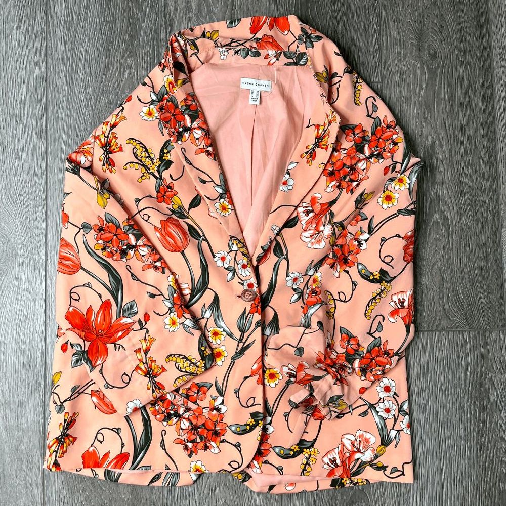 Susan Graver Printed Peachskin Blazer Ruched Slvs Peach Size 16 A351019